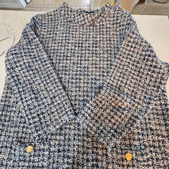 Talbots Button Detail Tweed Shift Dress Size XL Blue/White Mockneck Career - Picture 6 of 12